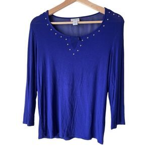 Women's JACLYN Royal blue blouse long sleeve light fabric round neck top size S.